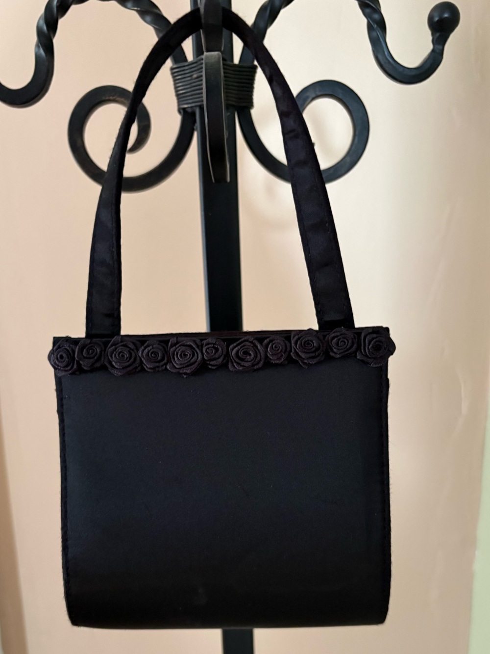 Classic Black Satin Rose-Trim Evening Bag